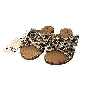 NWT Myra Fudge Flats Leather Textile Upper Leopard Animal Print Slide Sandals 9
